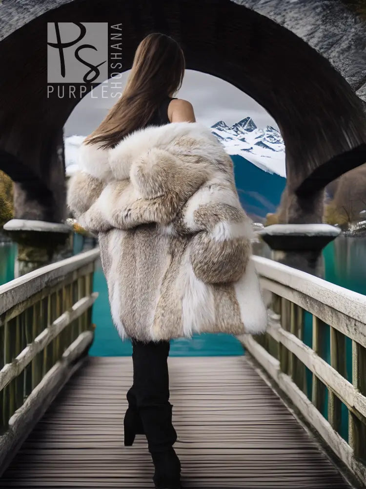 Short fur coat viewed from back with cream white and tan brown fur panels