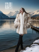 White and tan fur short jacket with plush collar and cuffs