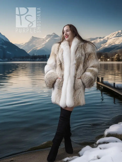 White and tan fur short jacket with plush collar and cuffs