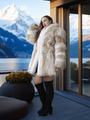 White and tan fur short jacket with rounded sleeves and collar