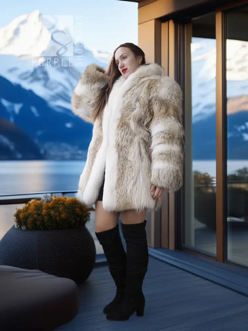White and tan fur short jacket with rounded sleeves and collar