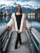 Short fur coat with cream white front panel and tan brown fur shoulders