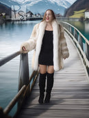 Short fur coat with cream white front and tan brown fur sleeves, open front