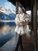 White and tan fur short jacket, full front coverage, long sleeves