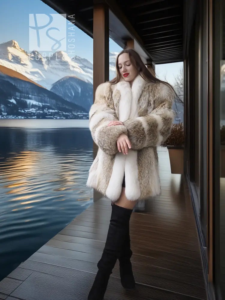 White and tan fur short jacket, full front coverage, long sleeves