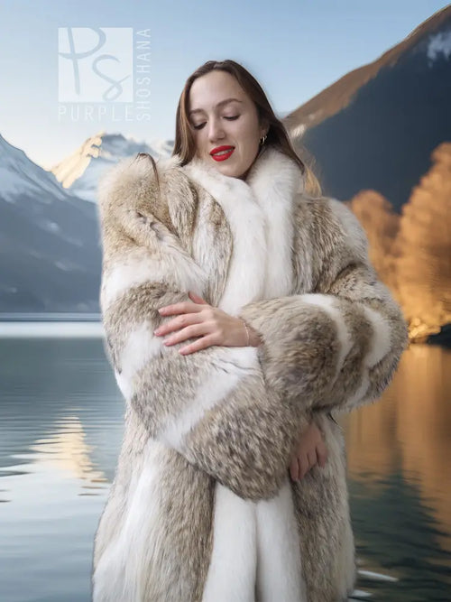 White and tan fur short jacket with tall collar detail