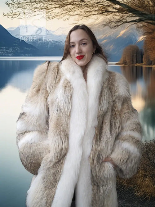 Short fur jacket with coyote-brown and white fox fur, full front view