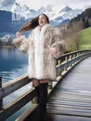 Short fur coat with fluffy cream white lining and tan brown mottled outer sections