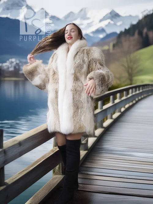 Short fur coat with fluffy cream white lining and tan brown mottled outer sections