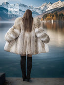 Back view of white and tan fur short jacket, long sleeves