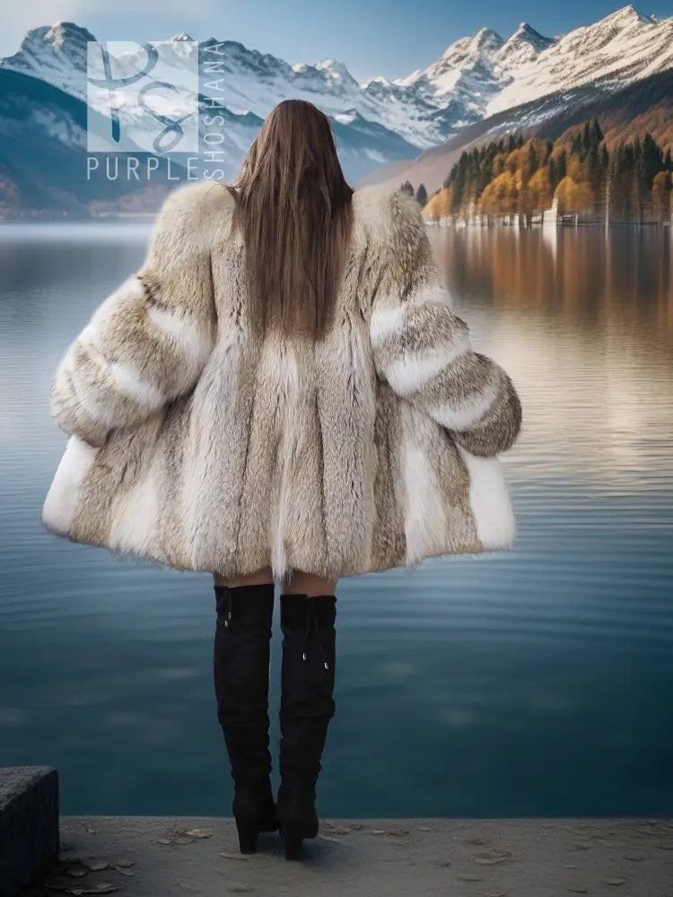 Back view of white and tan fur short jacket, long sleeves