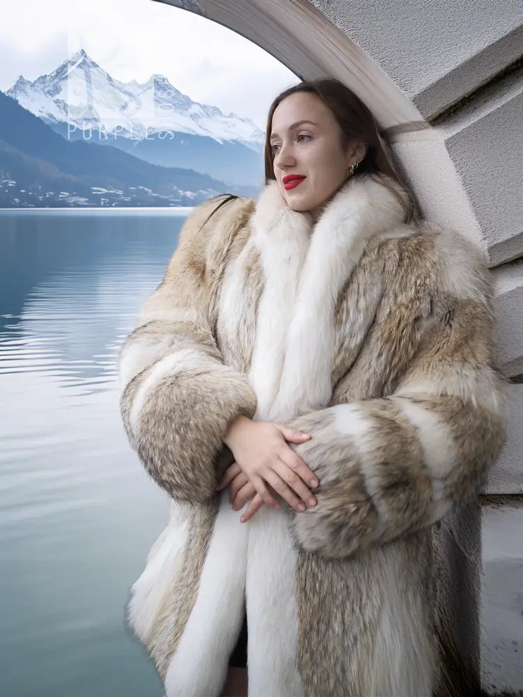 Short fur coat with cream white fur lapel and tan brown outer body