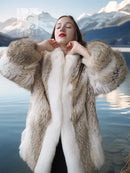 Short fur jacket with coyote-brown fur and white fox panel, close-up front