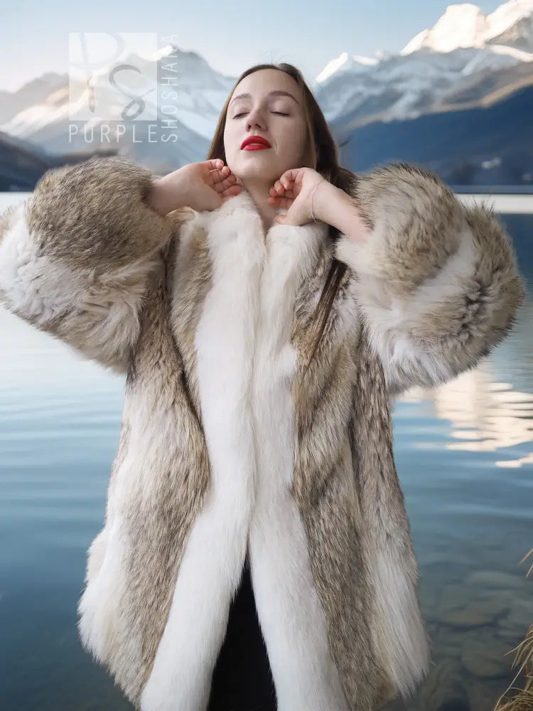 Short fur jacket with coyote-brown fur and white fox panel, close-up front