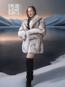 Fox fur coat with oversized collar, light gray, structured shoulders