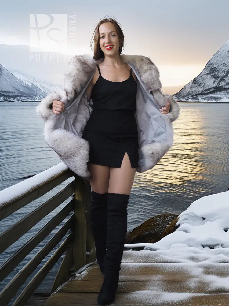 Fox fur short coat with sculptural collar and open front, plush light gray fur.