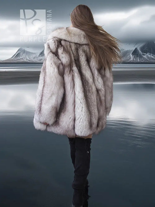 Fox fur coat, light gray, flared back with wide collar, long sleeves