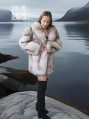 Fox fur coat with wide collar, light gray fur, hip-length cut, long sleeves