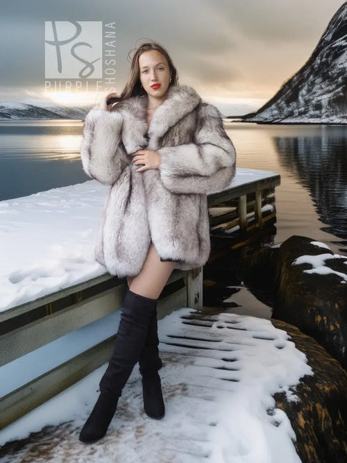 Light gray fur coat with plush collar, open front with black mini dress and tall boots