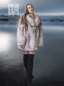 Light gray fox fur coat with sculpted collar and open front, worn with black boots.
