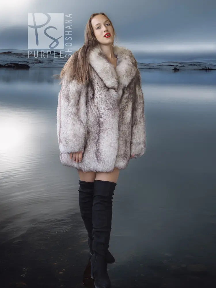 Light gray fox fur coat with sculpted collar and open front, worn with black boots.