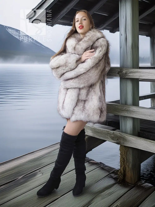 Fox fur coat with wide collar, light gray, long sleeves, hip-length hem