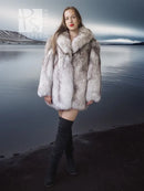 Fox fur coat with oversized collar, light gray, open front, long sleeves