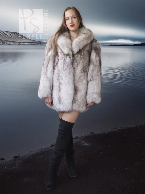 Fox fur coat with oversized collar, light gray, open front, long sleeves