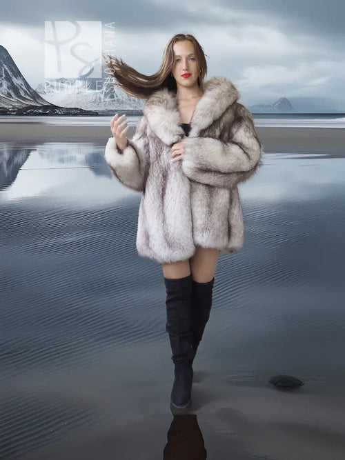 Fox fur short coat with sculpted collar, thick plush pile, front open with wrap style.
