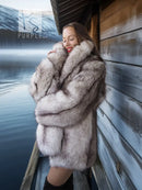 Light gray fox fur coat with sculpted collar, hoodless, open wrap front.