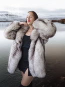 Fox fur coat, light gray fox fur, oversized collar, open front