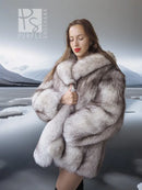 Light gray fox fur coat with sculptural collar and long sleeves, open front.
