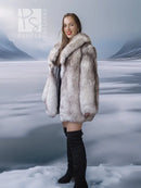 Fox fur coat with sculptural collar and full sleeves, light gray plush texture.