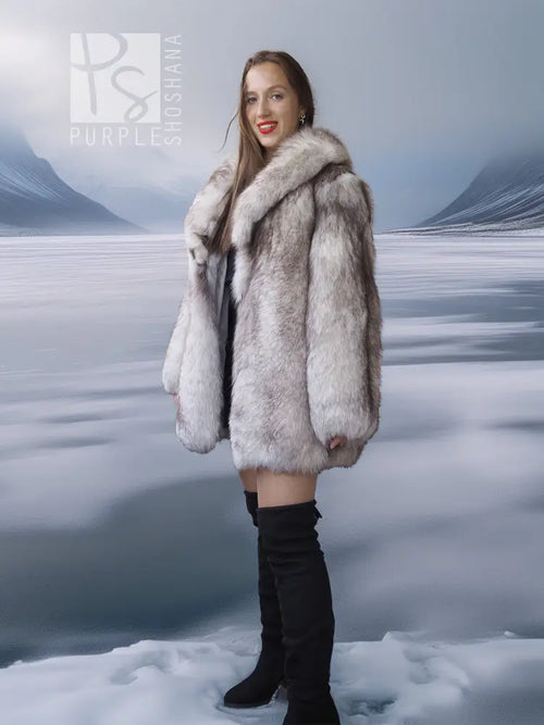 Fox fur coat with sculptural collar and full sleeves, light gray plush texture.