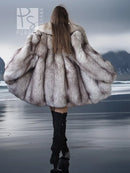 Fox fur coat with flared back panels, light gray fur, wide collar, long sleeves