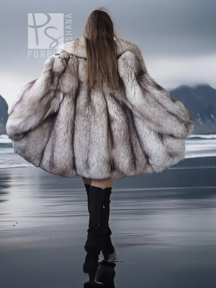 Fox fur coat with flared back panels, light gray fur, wide collar, long sleeves