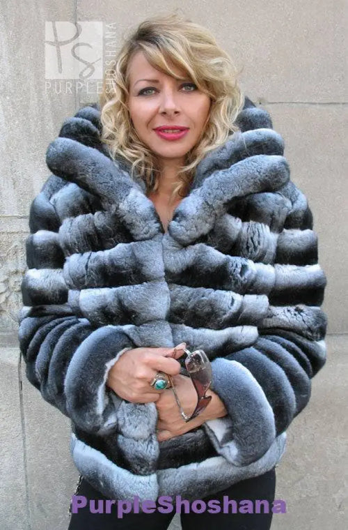 Hooded fur jacket in dark gray with chunky horizontal stripes