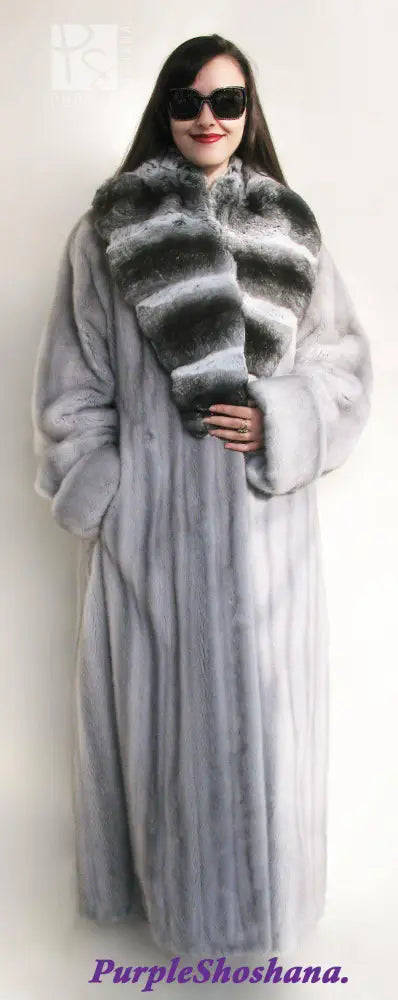 Women's silver-gray mink fur coat with wide lapel and sculpted fur panel