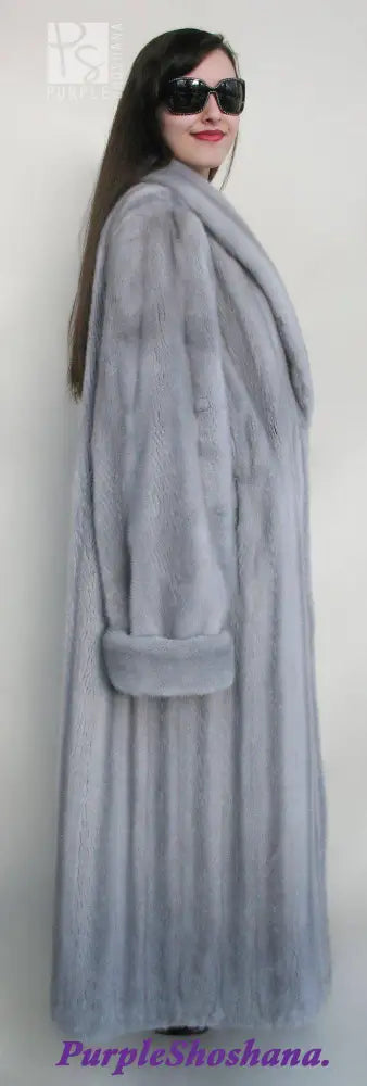 Women's silver-gray mink fur coat with shawl collar and cuffed sleeves