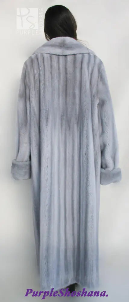Women's silver-gray mink fur coat, back view with ribbed texture and hood