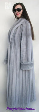 Women's silver-gray mink fur coat, side view with shawl collar