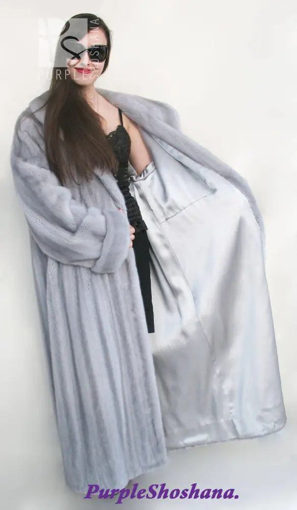 Women's silver-gray mink fur coat with open front and shawl-style collar