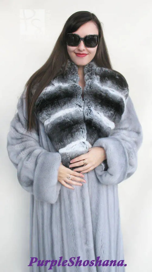 Women's silver-gray mink fur coat with wide lapel and full-length sleeves