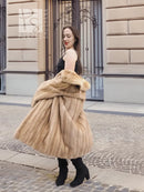 Beige mink fur coat with stand collar and button front; back view with full flared hem.