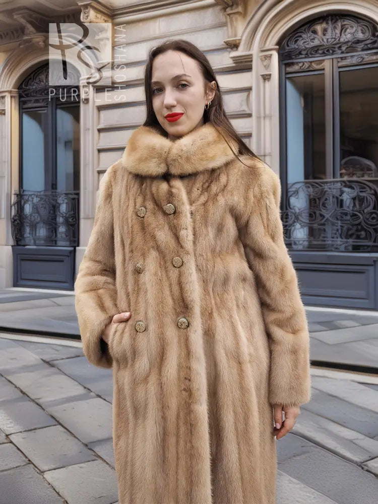 Beige mink fur coat with high collar and button closure; structured shoulders and long sleeves.