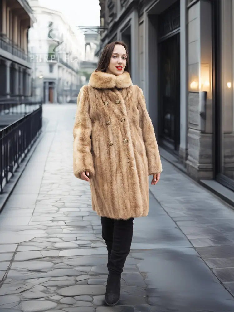 Beige mink fur coat with pointed collar, double-breasted front, long sleeves.