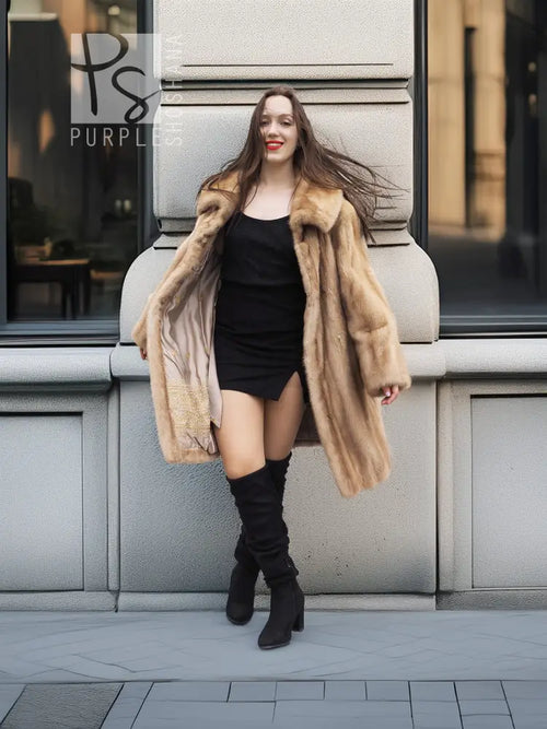 Beige mink fur coat draped open over a black dress; button front and stand collar visible.