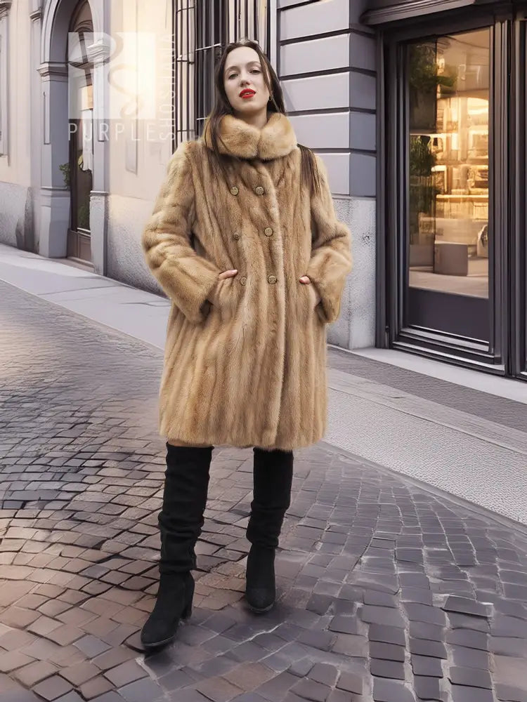 Beige mink fur coat with stand collar and double-breasted button design; long slim silhouette.