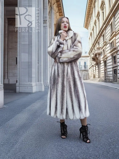Long hooded mink fur coat with cross-stripe pattern, front view standing pose.