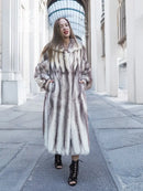Mink fur hooded coat with long sleeves and buttonless front, full-length view